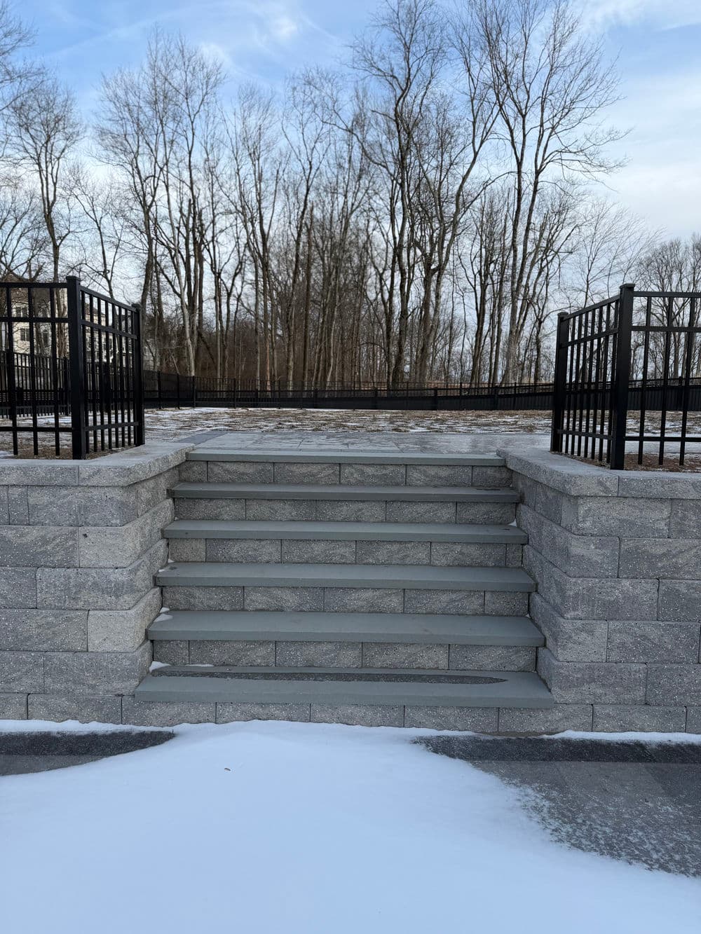 Stone steps lead up to a fenced outdoor area surrounded by bare trees and snow.